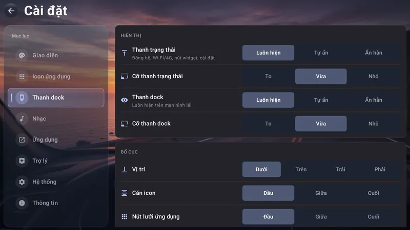Cài đặt thanh dock LUXCAR: vị trí, cỡ, căn icon, nút trên dock