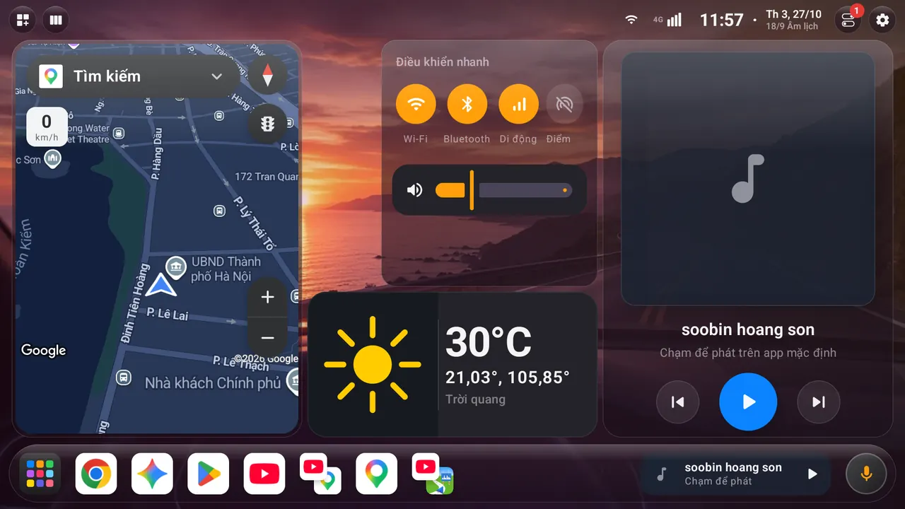 Màn hình chính LUXCAR phong cách Hoàng hôn: bản đồ, điều khiển nhanh Wi‑Fi Bluetooth, thời tiết, widget nhạc và thanh dock